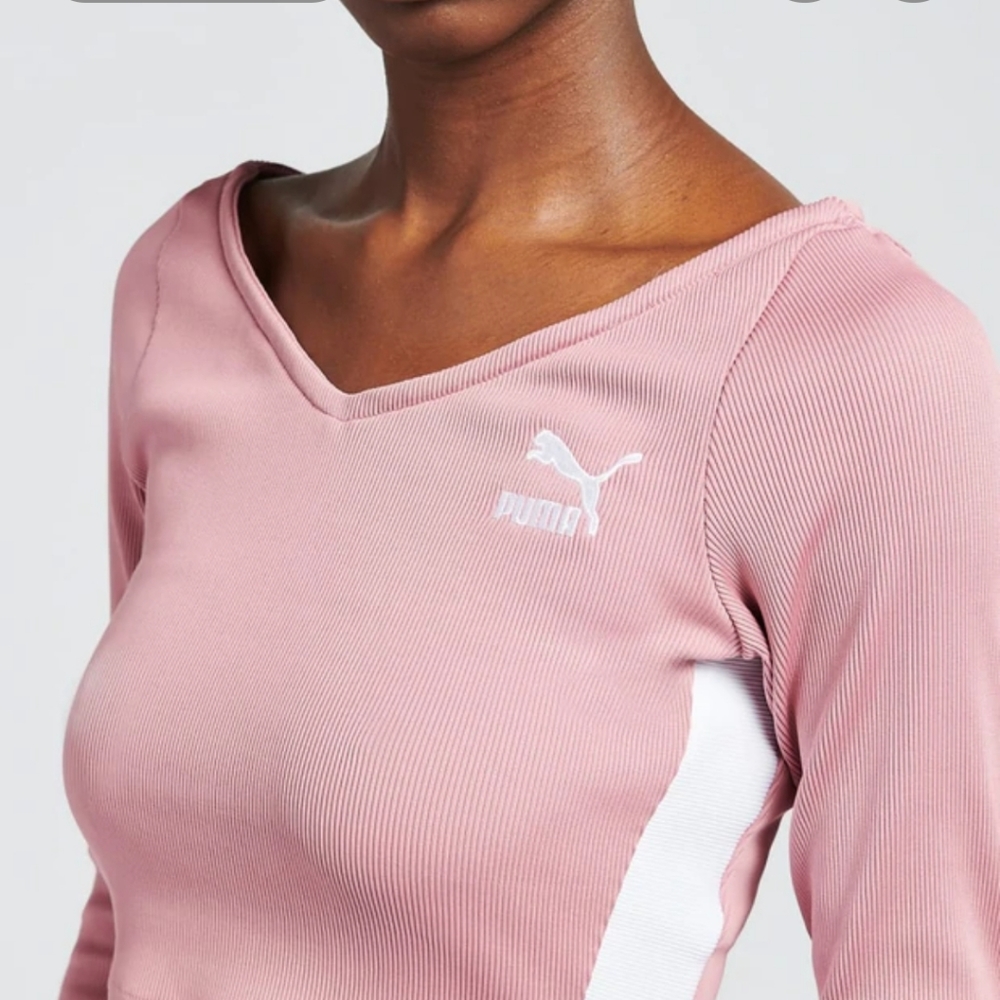 🆕Puma Classics Ribbed Long Sleeve Cropped Top Dusty Rose Pink Shirt Size Large